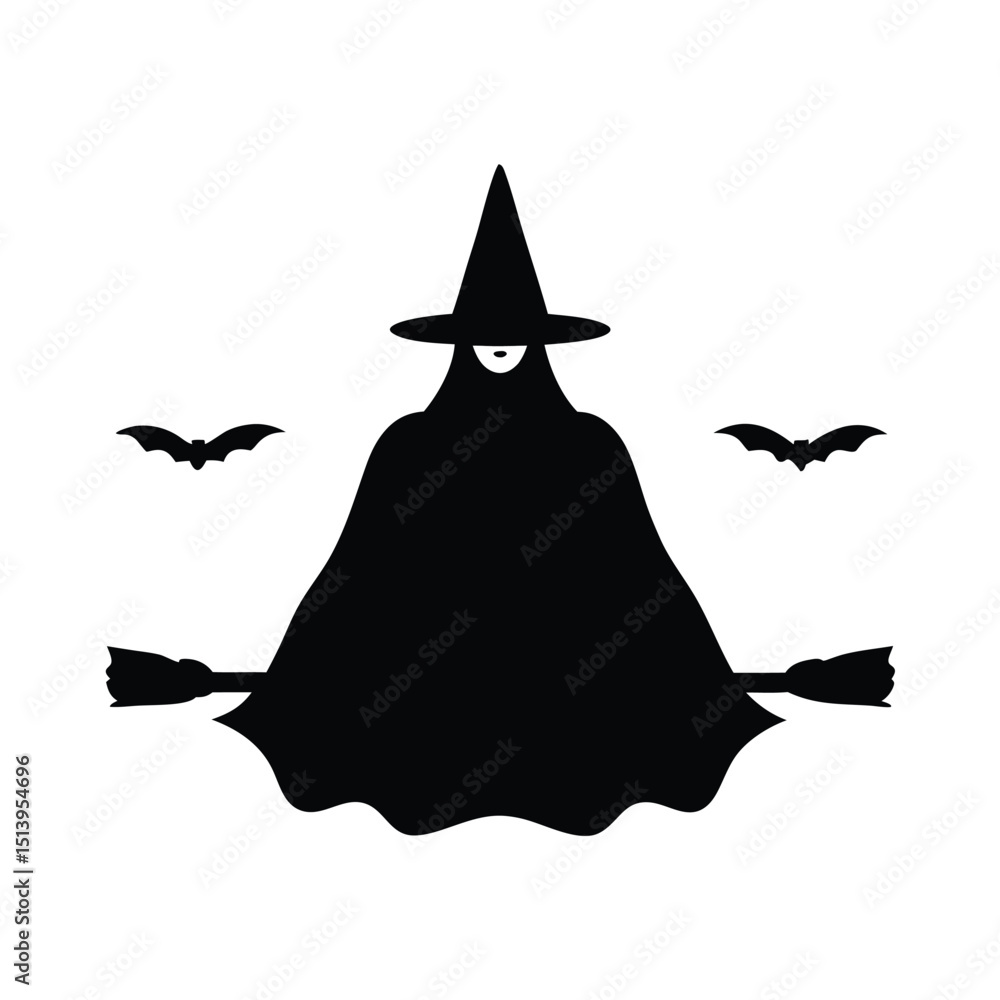 Fototapeta premium Silhouette of a witch flying on a broomstick with bats for halloween decoration