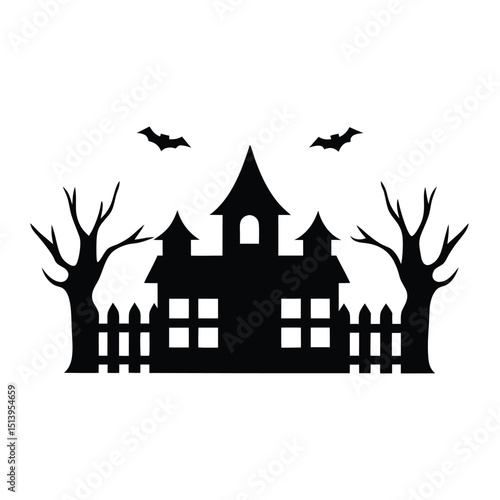 Silhouette of a spooky haunted house with bats and bare trees for halloween