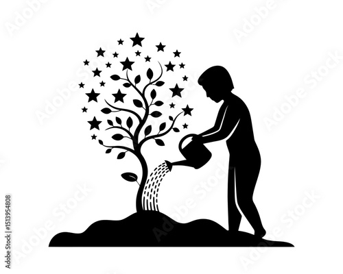A silhouette depicts a person watering a tree, which features leaves and stars intertwined within its branches