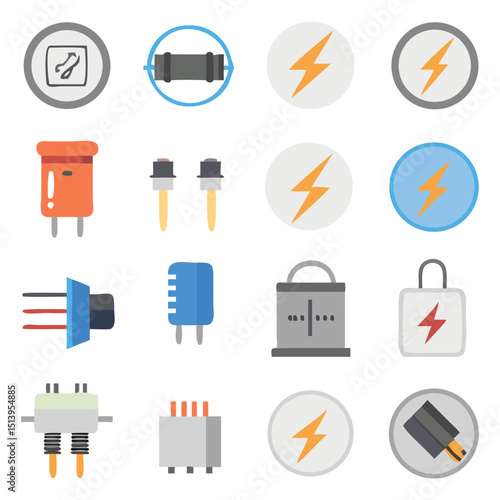 Vector icon set for electrical engineering with plug, circuit, battery, and motor in clean minimal design
