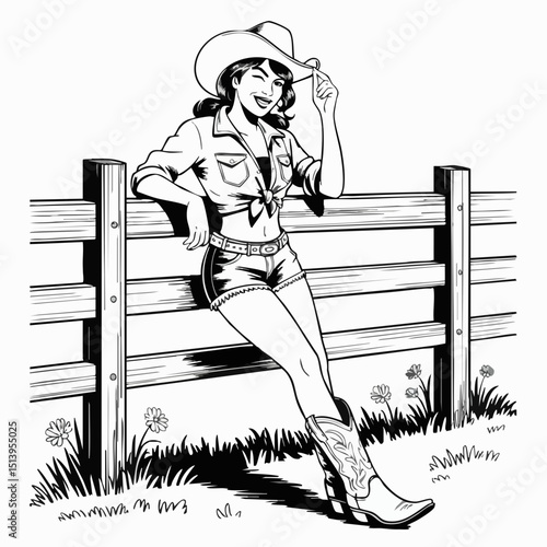 Pin-Up Cowgirl Leaning on Fence – Vintage Western Vector Line Illustration

