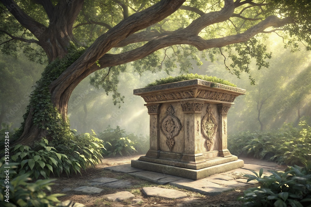 Obraz premium Enchanted Forest Pedestal A Mystical Stone Altar Under Ancient Tree Canopy
