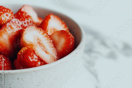 A closeup of a fresh  cut strawberries in a white bowl