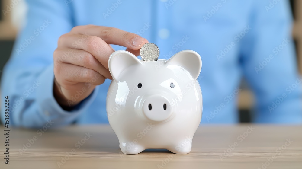 Person Saving Money in Piggy Bank with Silver Coin, Financial Planning and Investment Concept Person Saving Money in Piggy Bank with Silver Coin, Financial Planning and Investment Concept