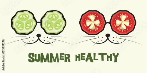 Catcute summer illustration with cucumber and tomato slice glasses shaped like cat faces