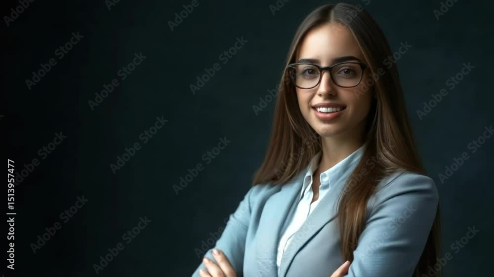 Confident and Smiling Businesswoman in Blazer and Glasses Posing with Arms Crossed Confident and Smiling Businesswoman in Blazer and Glasses Posing with Arms Crossed