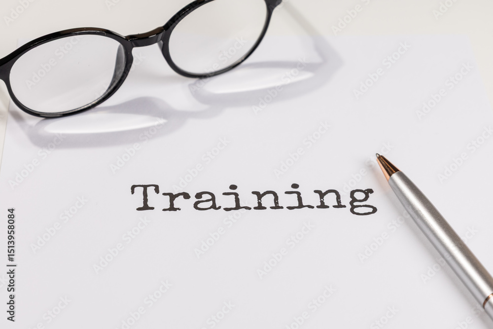 Training Document on Desk with Pen and Eyeglasses – Learning & Development Concept Training Document on Desk with Pen and Eyeglasses – Learning & Development Concept