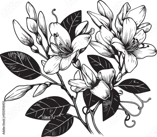 Sketch of outline honeysuckle flower coloring book, hand-drawn vector illustration, artistically engraved ink art, blossom honeysuckle flower, aesthetic flower coloring pages, isolated on white 