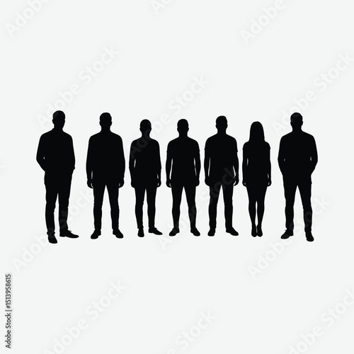 Minimalist artwork of seven diverse black silhouettes standing in a line on a white background. Abstract, balanced, and neutral design ideal for modern visual projects.