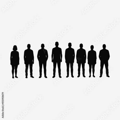 Minimalist artwork of seven diverse black silhouettes standing in a line on a white background. Abstract, balanced, and neutral design ideal for modern visual projects.