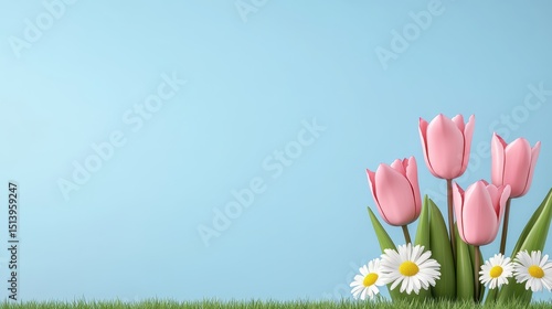 Pink Tulips and White Daisies Against a Soft Blue Background with Fresh Green Grass