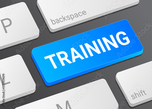 Close Up Training Button on Laptop or Computer Keyboard for Online Course, Skill Development, Learning Program and Education Platform 3D Illustration