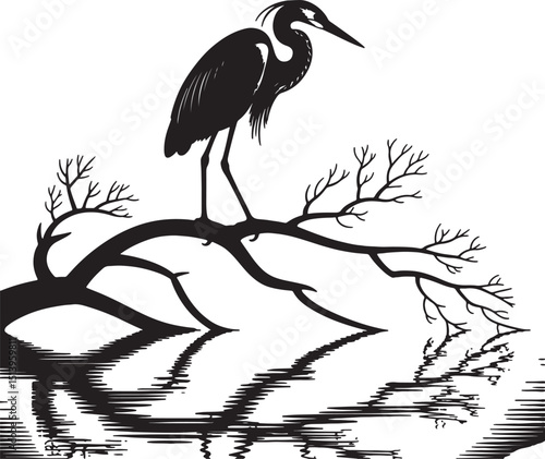Heron Standing on Branch Over Water – Black and White Vector Design