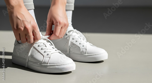 A person kneels down to tie the laces of their white sneakers in a bright indoor setting. The focus is on the hands and the shoes, showing attention to detail.