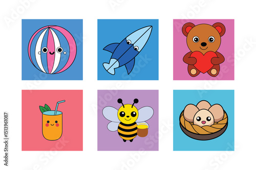 Funny cartoon baby animal icons for coloring book design