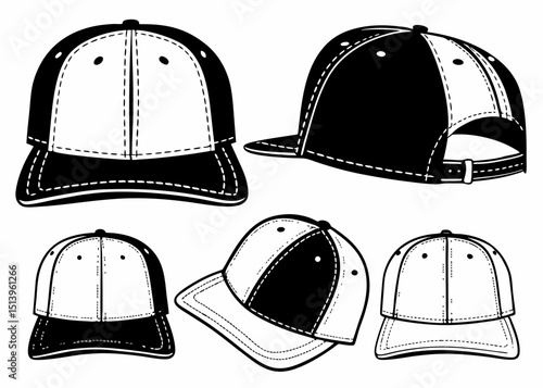 Vector illustration collection of baseball caps in various views