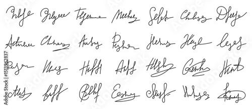 Set of various handwritten signatures and decorative calligraphic marks. Includes scribbles, initials, fake autographs, and personal signature styles. Great for mockups, branding, overlays