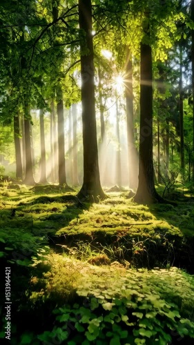 Sunlight breaking through trees illuminating the mossy forest floor creating an ethereal scene of the natural woodlands
