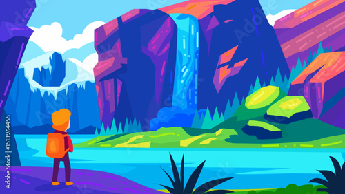 Hiker Admiring Waterfall in Vibrant Mountain Landscape