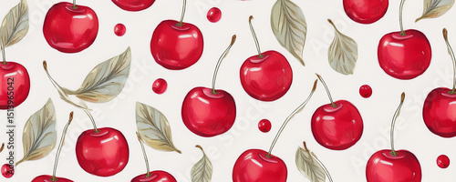 Watercolor cherry print pattern, simple background. Cherry print,  watercolor background, paper texture, hand drawn print.