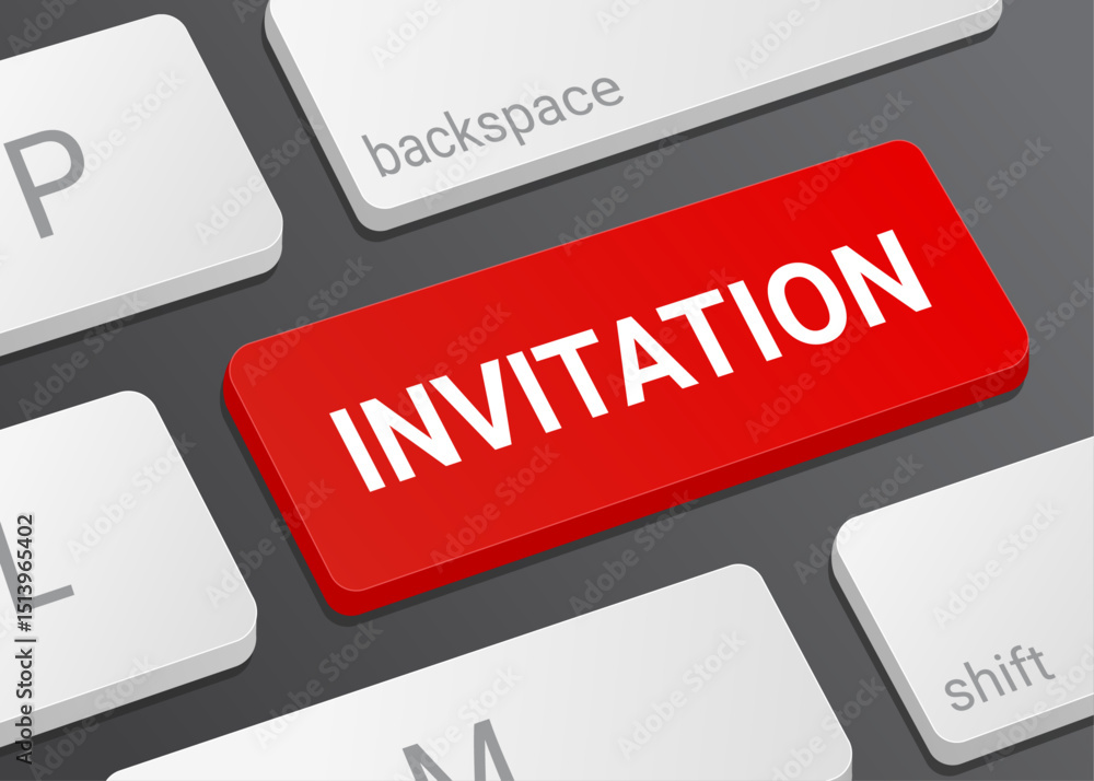 Fototapeta premium Close Up Invitation Button on Laptop or Computer Keyboard for Event Announcement, Message, Party Planning and Online Invite 3D Illustration