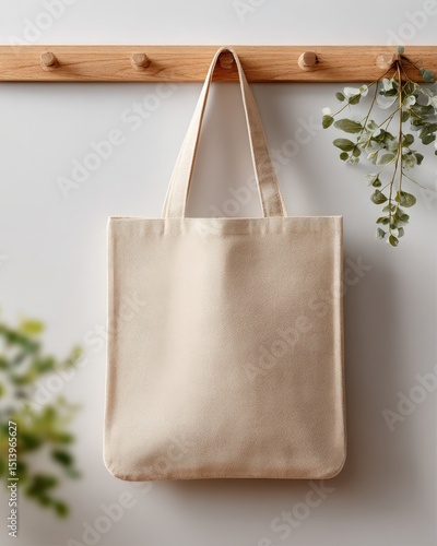 Beige Canvas Tote Bag on Wooden Wall Hanger