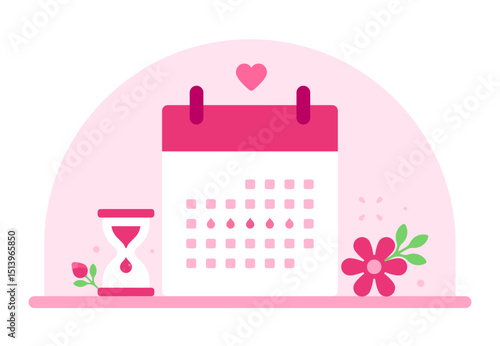 Menstrual cycle calendar with period days, heart, flowers, and hourglass symbol. Flat vector illustration on pink background. Women’s health, menstruation, period, and fertility tracking concept