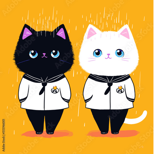 Charming Cat Duo in Playful Attire: Two adorable cartoon cats, one black and one white, dressed in matching nautical outfits against a backdrop of gentle rain.