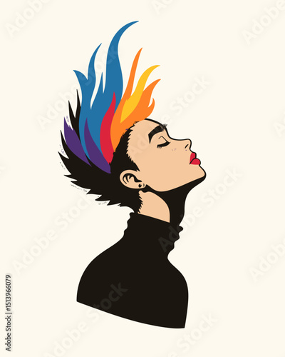 Radiant Vision: An illustrated individual embodies creativity and self-expression, with an updo in a vibrant display, eyes gently closed in contemplation and serenity.
