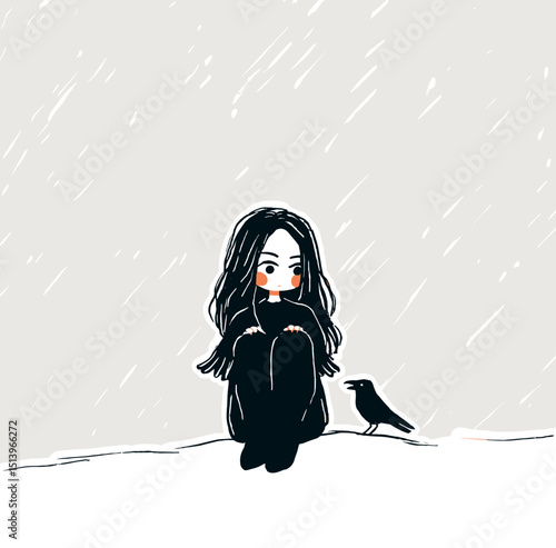 Melancholy in the Rain: A solitary figure, enveloped in darkness, finds solace in a world of gray, their gaze fixed upon a feathered friend amidst a gentle shower.