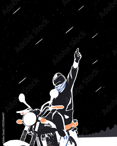 Motorcycle Voyager Gazing at Stars: A lone motorcyclist gazes up at a night sky filled with stars. evokes a sense of adventure and exploration.