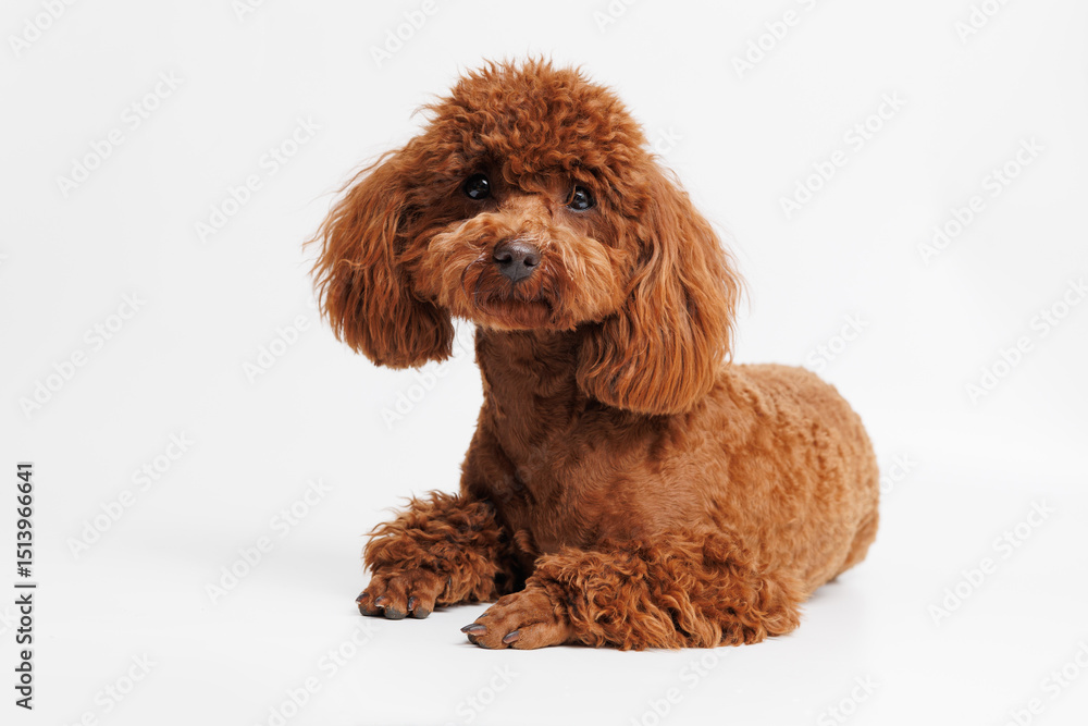 Portraite of cute fluffy puppy of Maltipoo. Little smiling dog on white background. Free space for text. Portraite of cute fluffy puppy of Maltipoo. Little smiling dog on white background. Free space for text.