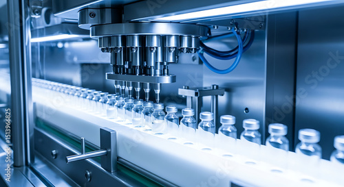 High-tech machinery efficiently fills clear vials with liquid in a sterilized pharmaceutical facility. The setting suggests precision and a focus on quality in production processes.