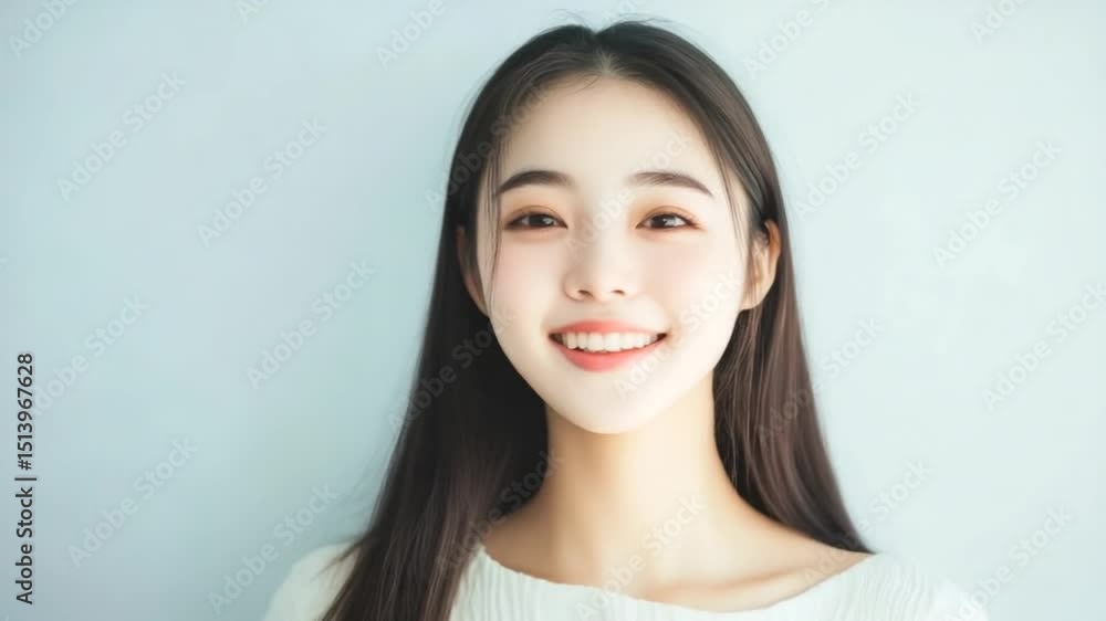 Cheerful Asian Woman with Warm Smile and Gentle Gaze, Perfect for Lifestyle Content Cheerful Asian Woman with Warm Smile and Gentle Gaze, Perfect for Lifestyle Content