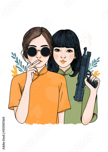 Intriguing Duo in Traditional Attire: A captivating illustration of two young women dressed in traditional attire, one smoking elegantly while the other brandishes a weapon.