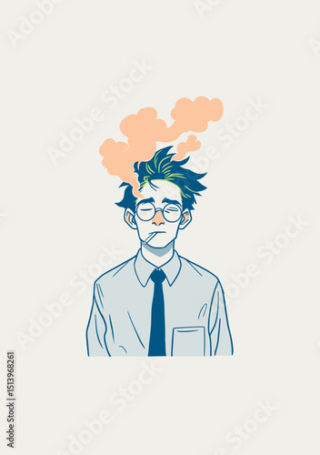 Wallpaper Mural Smoker with Burning Mind: Depicting a contemplative person, emanating thought clouds from the head, the image captures a state of mind, possibly stress or deep thought.  Torontodigital.ca