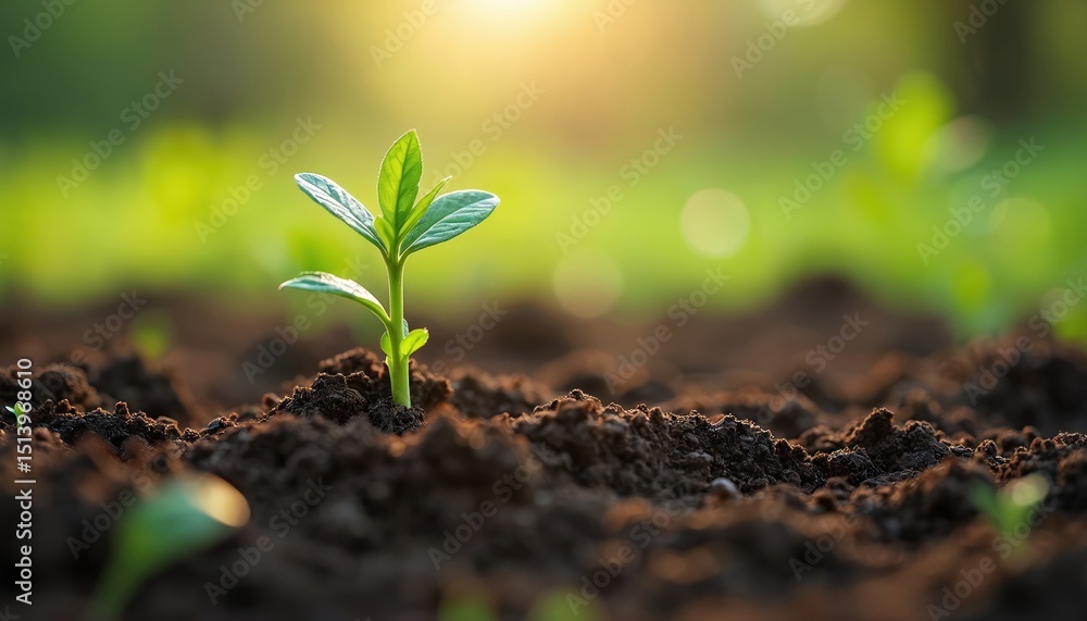 Young green plant sprout grows from soil. Concept of new life beginning evolution. Agriculture, gardening, eco theme. Green leaves, sunshine. Focus on fresh seedling, blurred background, nature Young green plant sprout grows from soil. Concept of new life beginning evolution. Agriculture, gardening, eco theme. Green leaves, sunshine. Focus on fresh seedling, blurred background, nature