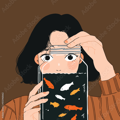 A Glimpse of Aquatic Wonder: A woman peers curiously through a glass jar filled with a variety of small fish, sparking a moment of introspection and a connection with the serene underwater world.