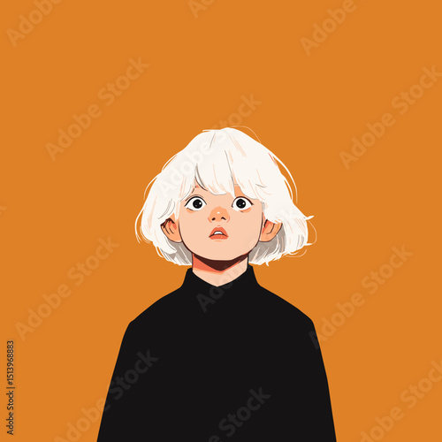 Dreamy Gaze: An innocent young girl with a vibrant shock of platinum hair captivates with a subtly astonished expression, offering a charming contrast to a sunny backdrop.