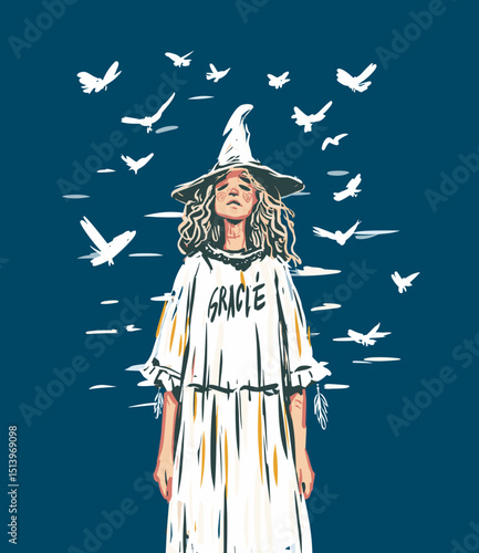 Mystical Enchantment: A young woman in a whimsical witch's hat stands serene amidst a flock of free-flying birds, a dreamlike digital illustration. 