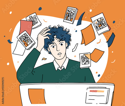 Overwhelmed by Information Overload: A person grapples with a cascade of documents and images, capturing the essence of stress and mental strain within a chaotic, illustration.