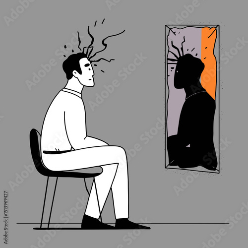 Mirror Reflection: A man gazes into a mirror, a visual metaphor for self-reflection and introspection on a simple gray backdrop.