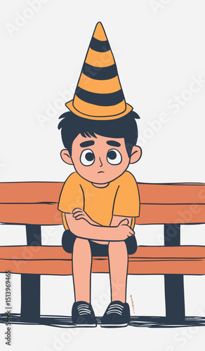 A Lonely Boy with a Traffic Cone: A boy sits alone on a park bench, a traffic cone on his head, with a slightly melancholic air, creating a captivating illustration of solitary childhood moments.