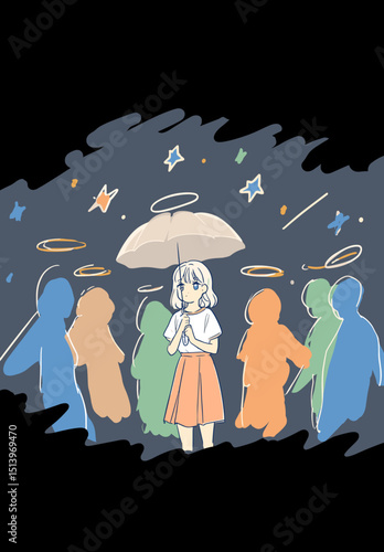 Artistic Angelic Embrace: An illustration capturing the serene beauty of an angel shielded by an umbrella, surrounded by ethereal figures in a tranquil and uplifting embrace.