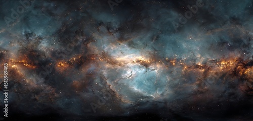 A panoramic view of a colorful nebula with orange and blue hues and scattered stars visible
