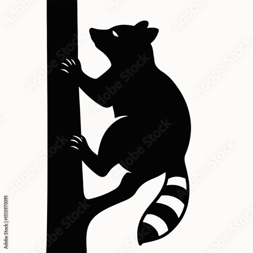 Playful Climber: A sleek silhouette captures a curious raccoon in mid-climb, ascending a tree, showcasing its agility and inquisitive nature. 