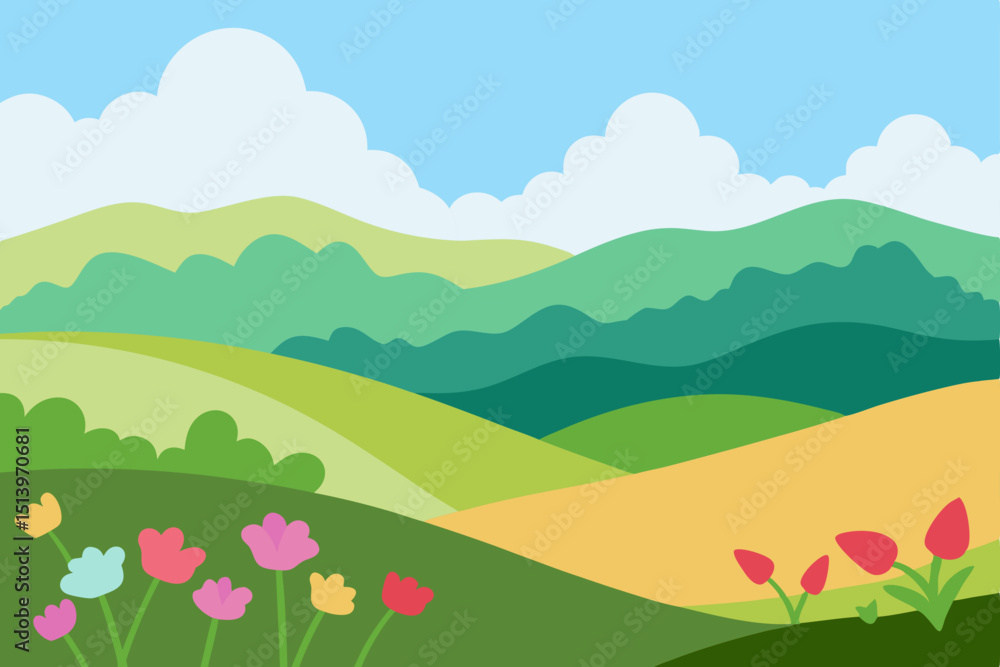 Fototapeta premium watercolor-landscape-of-hills-and-blooming-wildflo.svg