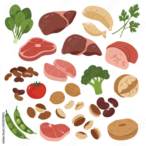 Products containing iron cartoon vector illustration. Fe in meat, liver, beans, nuts. Fresh tomatos and broccoli. Parsley and spinach greens flat color object. Good diet isolated on white background