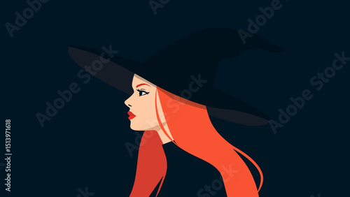  Witch with Red Hair and Black Hat in Profile