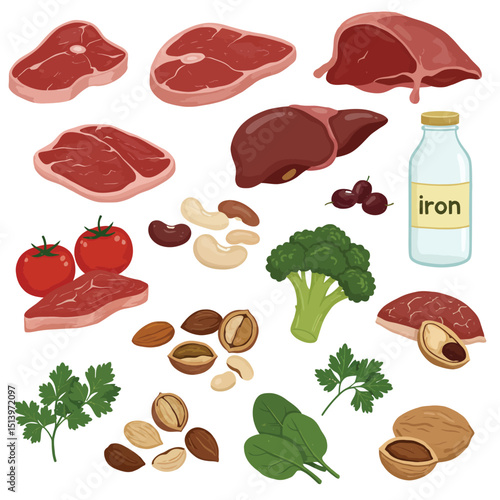 Products containing iron cartoon vector illustration. Fe in meat, liver, beans, nuts. Fresh tomatos and broccoli. Parsley and spinach greens flat color object. Good diet isolated on white background